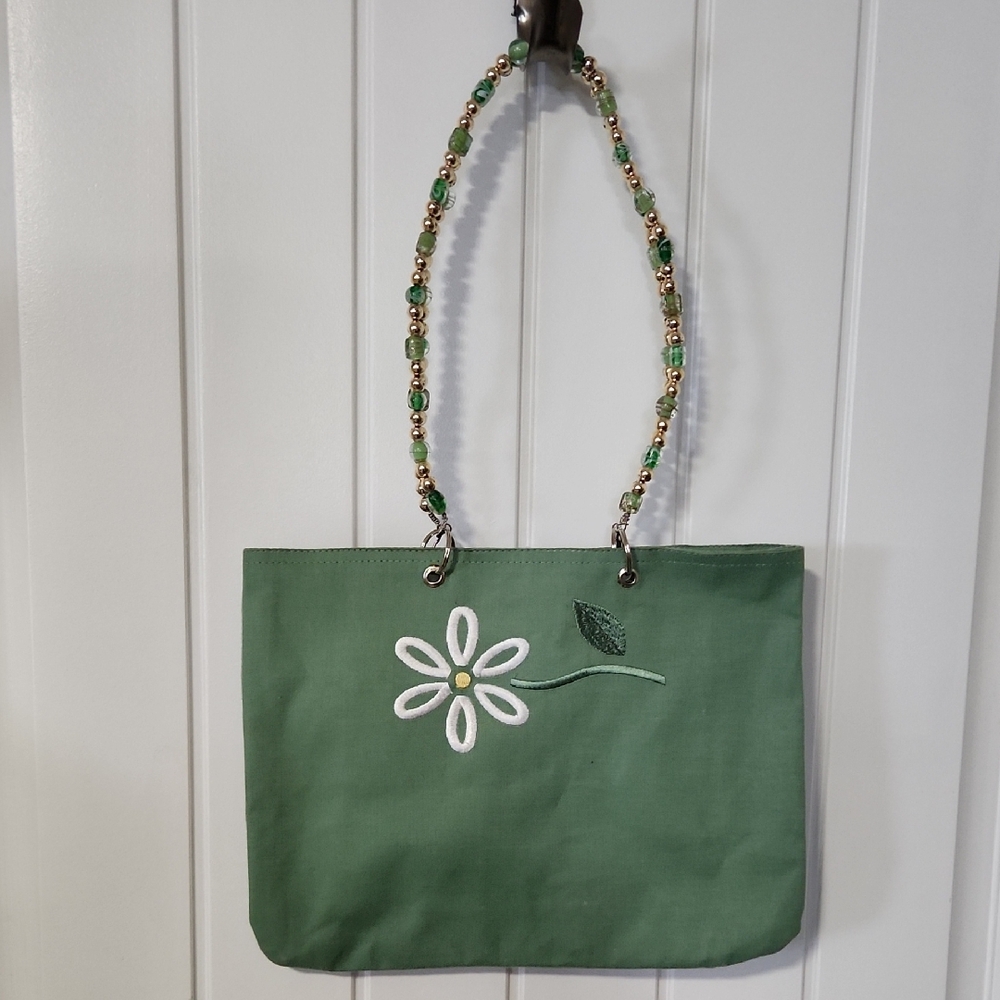 Handmade Vintage Green Daisy Tote Bag with Beaded Strap ***Unique***